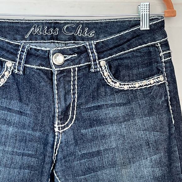 Miss Chic Women's Denim Jeans Size 9 Mid Rise Dark Wash Bling Embroidered - Picture 12 of 15